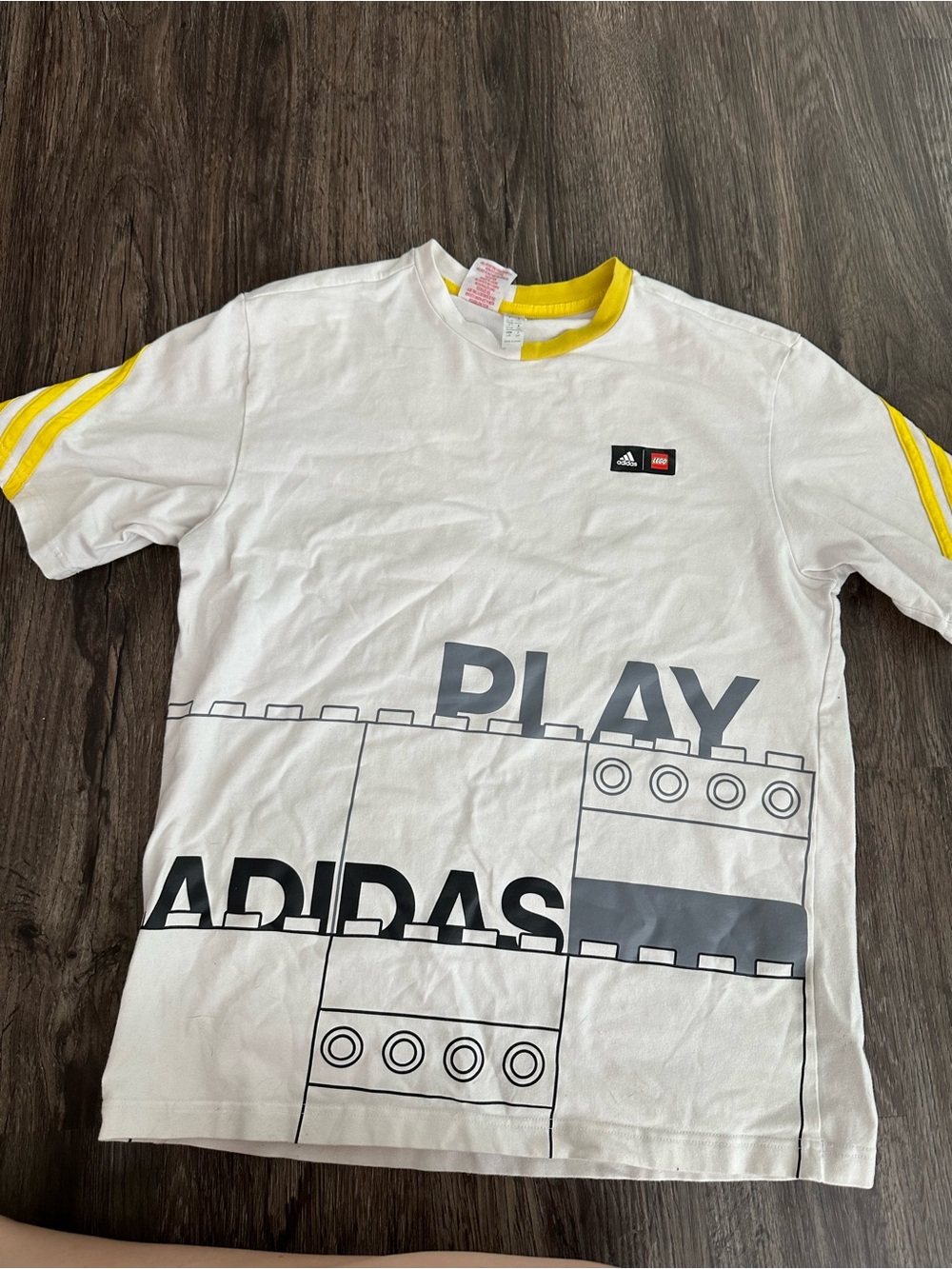 adidas White T-Shirt with Yellow Trim and PLAY Graphic